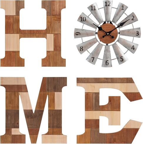 WAKOSAN ديكور جداري للديكور الغربي - حروف مقاس 11.8 بوصة ارتفاع × 11.8 بوصة عرض مع ساعة طاحونة هوائية، غرفة المعيشة ديكور المنزل، ديكور حائط الحروف المنزلية، ديكور حائط المزرعة (بني مختلط) in Kuwait