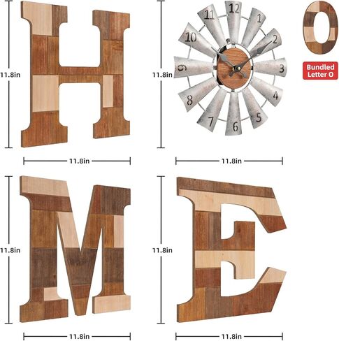 WAKOSAN ديكور جداري للديكور الغربي - حروف مقاس 11.8 بوصة ارتفاع × 11.8 بوصة عرض مع ساعة طاحونة هوائية، غرفة المعيشة ديكور المنزل، ديكور حائط الحروف المنزلية، ديكور حائط المزرعة (بني مختلط) in Kuwait