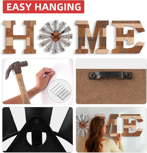 WAKOSAN ديكور جداري للديكور الغربي - حروف مقاس 11.8 بوصة ارتفاع × 11.8 بوصة عرض مع ساعة طاحونة هوائية، غرفة المعيشة ديكور المنزل، ديكور حائط الحروف المنزلية، ديكور حائط المزرعة (بني مختلط) in Kuwait