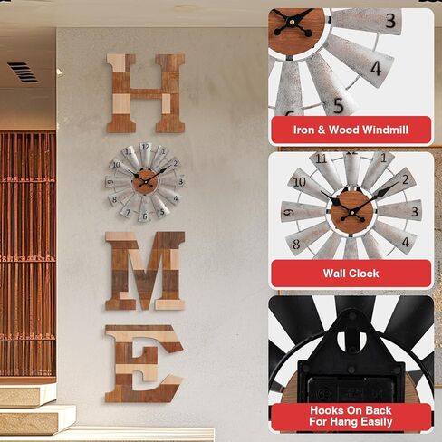 WAKOSAN ديكور جداري للديكور الغربي - حروف مقاس 11.8 بوصة ارتفاع × 11.8 بوصة عرض مع ساعة طاحونة هوائية، غرفة المعيشة ديكور المنزل، ديكور حائط الحروف المنزلية، ديكور حائط المزرعة (بني مختلط) in Kuwait
