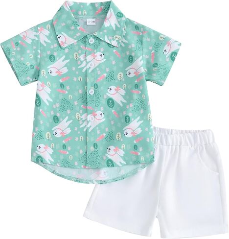 Toddler Baby Boy Summer Clothes Set Easter Bunny Short Sleeve Button Down Shirt Shorts Gentleman Outfits in Kuwait