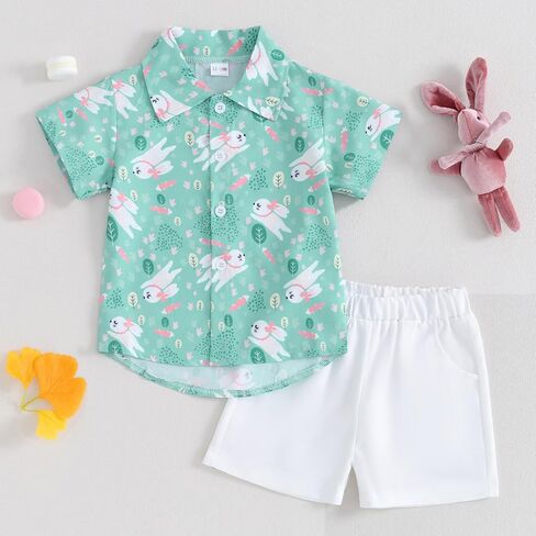 Toddler Baby Boy Summer Clothes Set Easter Bunny Short Sleeve Button Down Shirt Shorts Gentleman Outfits in Kuwait