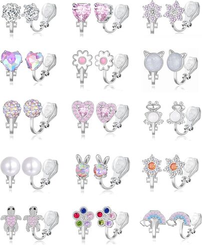 15 زوجًا من الأقراط المشبكية للنساء والفتيات اللطيفة على شكل سلحفاة وأرنب والقطة والبومة والضفدع والفراشة وزهرة القلب ونجمة اللؤلؤ وقوس قزح تشيكوسلوفاكيا متعددة الألوان غير مثقوبة in Kuwait