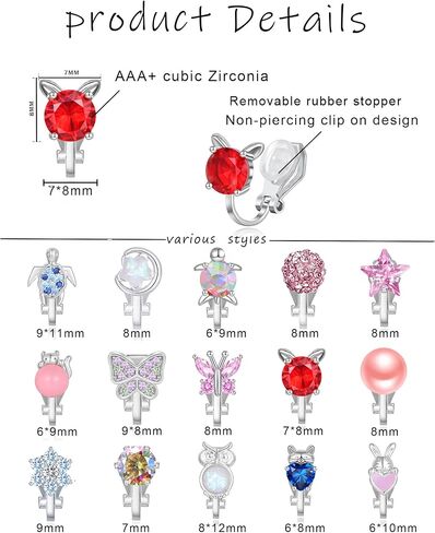 15 Pairs Clip on Earrings for Women Girls Cute Turtle Rabbit Cat Owl Frog Butterfly Flower Heart Star Pearl Rainbow CZ Multicolored Non Pierced Stud Earring Sets in Saudi Arabia