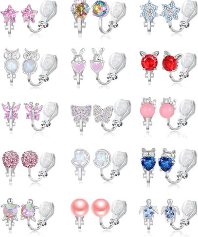 15 Pairs Clip on Earrings for Women Girls Cute Turtle Rabbit Cat Owl Frog Butterfly Flower Heart Star Pearl Rainbow CZ Multicolored Non Pierced Stud Earring Sets in Saudi Arabia