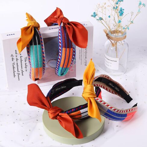 Knotted Wide Headbands for Women Girls, Boho Embroideried Top Knot Head Bands Fashion Fall Thick Hair Bands Non-slip Hair Accessories (4Pcs Wide Knotted) in Saudi Arabia