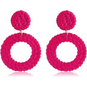 Weave Straw Double Disc Drop Earrings Boho Rattan Dangle Statement Earrings
