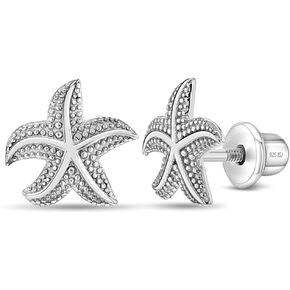 925 Sterling Silver Starfish Sea Nautical Safety Screw Back Earrings For Girls- Sea Life Star Fish Earrings For Young Girls - Sweet Ocean Life Earrings For Girls