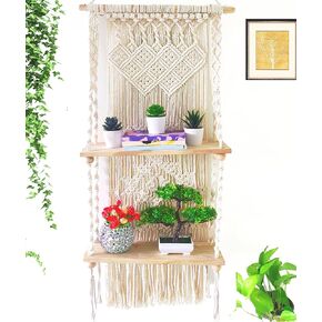 Macrame Wall Hanging Shelf 2 Tier Boho Wall Plant Hanger Shelves, Handmade of Woven Rope Boho Shelves Organizer for Living Room Bathroom Home Storage Floating Plant Rack Bohemian Decor
