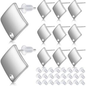 Aylifu 30pcs Stainless Steel Stud Earrings Settings Square Flat Blank Earring Posts Studs with Loop and 30pcs Silicone Bullet Ear Backs Stoppers for DIY Jewelry Making, Silver
