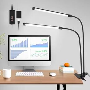 Bright Eyes Clip-on Dual Head Desk Lamp, 3 Color Mode, 360 Adjustable, 5 Level Dimmer, For Reading, Working, Bedroom, Music Stand