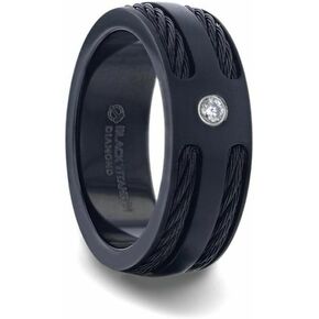Mens Titanium Double Black Rope Inlaid White Diamond In The Center Channel Setting Brushed Matte Black Wedding Ring - 8mm Wide - Style name: NOIR