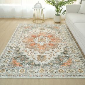 5x7 Thin Area Rugs for Living Room, Boho Flower Rugs for Bedroom Stain Resistant Washable Rug,Non-Slip Backing Rugs for Bedroom, Multi/Blue