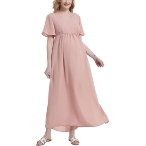 Maternity Maxi Dress Short Sleeve V Neck Baby Shower Pregnancy Dress Split Side Flowy Chiffon Ruffle Summer Dresses in Kuwait