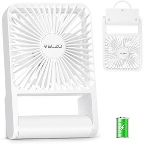 ELZO Portable Desk Fan Desktop Fan, 4000mAh Battery Operated Fan Foldable Travel Fan Ultra-Quiet, 3 Speeds Adjustable 225° Tilt Standing Hanging Fan for Travel Camping Office Home Outdoor, White