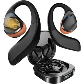 Open Ear Headphones, Open Ear True Wireless Earbuds Bluetooth 5.3 [70hrs Long Playtime] Air Conduction Headphones with Earhooks, Charging Case & LED Display, Waterproof Headphones for Running, Workout