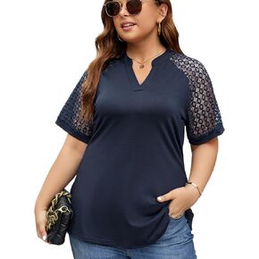 Plus Size Tunic Tops for Women Summer Stretchy Blouse V Neck Comfy Short Raglan Lace Sleeve Shirts (XL-5XL)