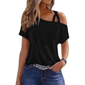 Criss-Cross Cold Shoulder Tops Shirt Women Sexy One Sided Shoulder Blouse Tee Casual Loose Vacation Tunics Top