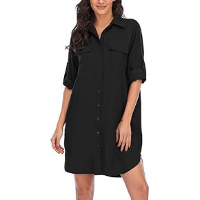 Womens Casual V-Neck Oversized Button Down Shirt Dress Long Sleeve Pocket Blouse