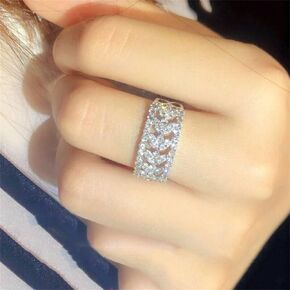 925 Sterling Silver Shiny Full Diamond Gemstone Ring Cubic Zirconia Rings CZ Diamond Multi Row Hollow Flower Pattern Ring Eternity Engagement Wedding Band Ring for Women F080