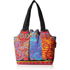 Zeckos Laurel Burch Medium Canvas Tote Zipper Top Satchel in Red Orange Blue for Women