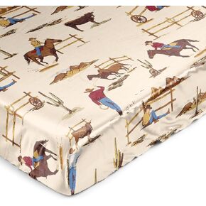 Sweet Jojo Designs Tan Brown Western Cowboy Boy Baby Satin Fitted Crib Sheet Infant Newborn Nursery Toddler Bed Room Standard Mattress Wild West Southern Country South Horse Cow Animal Red White Blue