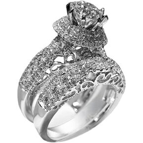 2 Pcs High Luxury Jewelry Fashion 925 Sterling Silver Shiny Full Diamond AAA Cubic Zirconia Solitaire Rings CZ Diamond Ring Set Eternity Engagement Wedding Band Set Women Hollow Cocktail Ring