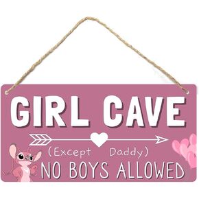 Stitch Bedroom Decor For Teen Girls Cute Room Decor Girl Cave Sign Stitch Stuff For Girls 10-12 Year Old Cool Things For Kids Room Stitch Decorations For Bedroom Pink Wall Decor No Boys Allowed Sign