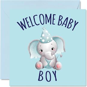 Elephant Baby Boy Congrats Card, 5.7 x 5.7 Inch, Blank Inside, Envelope Included, Made in UK
