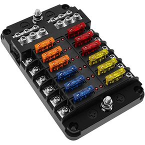 KAOLALI 12 طريقة كتلة الصمامات البحرية مع مؤشر LED صندوق الصمامات 12 فولت، مقاوم للماء 12 دائرة مع حامل صندوق الصمامات السلبية للحافلة + 24 قطعة كتلة الصمامات الشفرة للسيارات RV شاحنة قارب