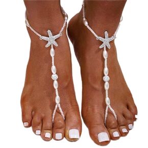 Pearl Ankle Chain Barefoot Sandals with Starfish Bridal Barefoot Ankle Sandals Elastic Foot Chains Wedding Foot Jewelry for Women and Girls (2Pcs）