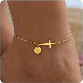 Gold Initial Ankle Bracelets for Women Dainty Waterproof Gold Cross Anklet for Women Personalized A-Z Coin Disc Letter Ankle Bracelet Summer Beach Jewelry Friendship Gifts