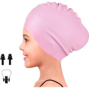 EcoNour Kids Swimming Cap for Boys and Girls Short Hair (Age 3-10) with Ear Plugs & Nose Clips, Waterproof Silicone Girls Swim Cap for Kids for Comfortable Fit and Water Tight Seal (Pink)