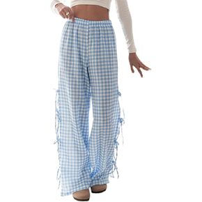 Women Y2k Ginghem Tie Up Pants Casual Loose Fit Wide Leg High Waist Drawstring Pants Vintage Streetwear Lounge Pants