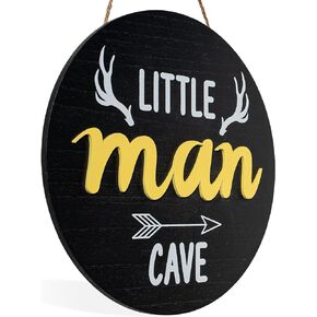 Little Man Cave Sign - 3d Nursery Wall Decor, Woodland Nursery Decor for Baby Boys, Toddler Boy Room Decor, Rustic Wooden Nursery Signs for Playroom, Deer Antler Decor Black, 11 inch