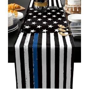 Thin Blue Line Black Table Runner - Cotton Linen 36 Inches Long, American Police USA Flag Dress Scarves, Rustic Table Runner for Dining/Coffee/Holiday Table, Gift for Law Enforcement