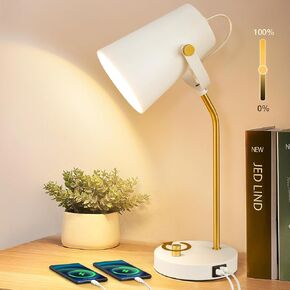 مصباح مكتب LED عتيق مع منافذ شحن USB C+A، مصباح قراءة بجانب السرير يعمل باللمس خافت، رأس مرن، مصباح طاولة منضدة أبيض عتيق لغرفة النوم الجامعية وغرفة النوم وغرفة المعيشة والمكتب، يتضمن لمبة in Kuwait