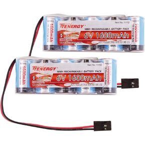 Tenergy 2 Pack Receiver Battery, 6V NiMH Rechargeable RC Battery Pack with Hitec Connector, 1600mAh High Capacity Side by Side 5C Flat RX Battery for RC Vehicles