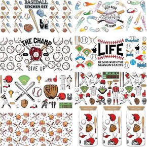 UV DTF Transfer Cup Wrap - 8 Sheets Sports UV DTF Cup Wraps for 16 oz Glass Cups, Waterproof Baseball UV DTF Transfer Stickers, Personalized DIY Sport Theme Cup Water Bottle Decals Crafts