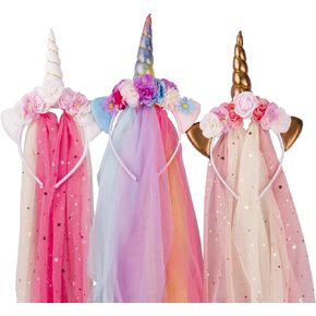 Little World 3 Pack Unicorn Headband - Unicorn Party Supplies, Rainbow/Rose Gold/White Horn with Tulle, Unicorn Decorations for Birthday Party, Gift Idea for Easter