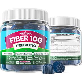 Fiber Gummies for Adults, Sugar Free 10g Prebiotic Fiber Supplement with Digestive Enzymes, Probiotics & 100mg Betaine for Digestive & Gut Health and Regulate Bowel Movement, Vegan, Gelatin Free, 60ct