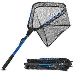 Folding Fishing Landing Net, Collapsible Fishing Nets with Telescopic Pole Handle Rubber Floating Fishing Net for Kayak Boat Saltwater Freshwater Safe Fish Catching or Releasing