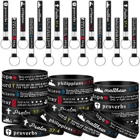 Lewtemi 48 Pcs Father's Day Christian Bible Keychains with Scripture Bracelets Religious Silicone Bible Verses Wristbands for Church Party Gifts(Black)