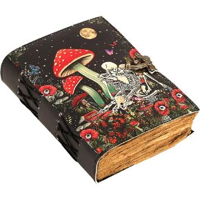 Blank Spell Book of Shadows Journal with Lock Clasp Vintage Handmade Leather Mushroom Skull Skeleton Floral Plant Flower Aesthetic Print Diary Prayer Pagan Witchcraft Supplies Wiccan Decor Notebook