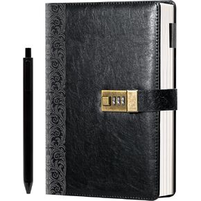 CAGIE Vintage Diary with Lock 256 Pages Leather Journal with Lock Spine Embossing Hardcover Locked Journal with Pen, 7 x 9 Inch Locking Journal for Adults Women Men, Black