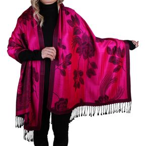 Women Soft Silky Pashmina Reversible Floral Rose Shawl Wrap Scarf w/Fringes
