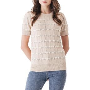Cable Stitch Women's Chevron Stitch Short Sleeve Sweater Top - Zig-Zag Crewneck Lightweight Soft Knit