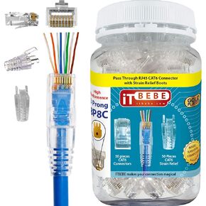 TBEBE 100 Sets of RJ45 Cat6 Pass-Through Connectors for 24 AWG Cables - 100 Pieces Cat6 Connectors Ends and 100 Pcs RJ45 Connectors Blue Strain Relief Boots for Clean, snag-Free ethernet Patch Cord