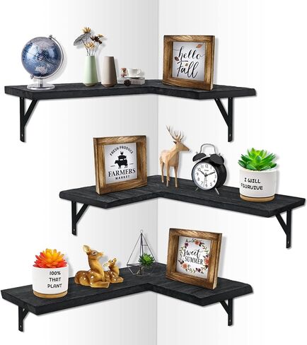 Corner Floating Shelves, Wood Wall Mounted Shelf Set of 3, L-Shaped Rustic Farmhouse Display Storage Shelf Hanging Bookshelf Organizer for Bathroom, Living Room, Bedroom, Kitchen, Office Décor in Saudi Arabia