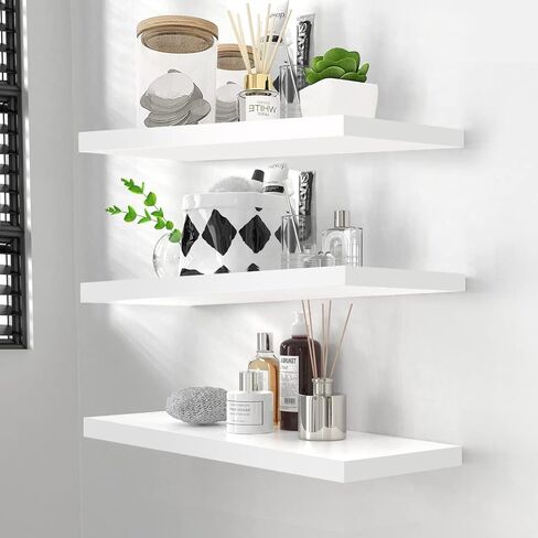 White Floating Shelves Wall Mounted Set of 3,Wood Storage Shlef for Wall,Space Saving Wall Shelf for Bathroom Bedroom Kitchen Storage Rack with Invisible Brackets. in Kuwait